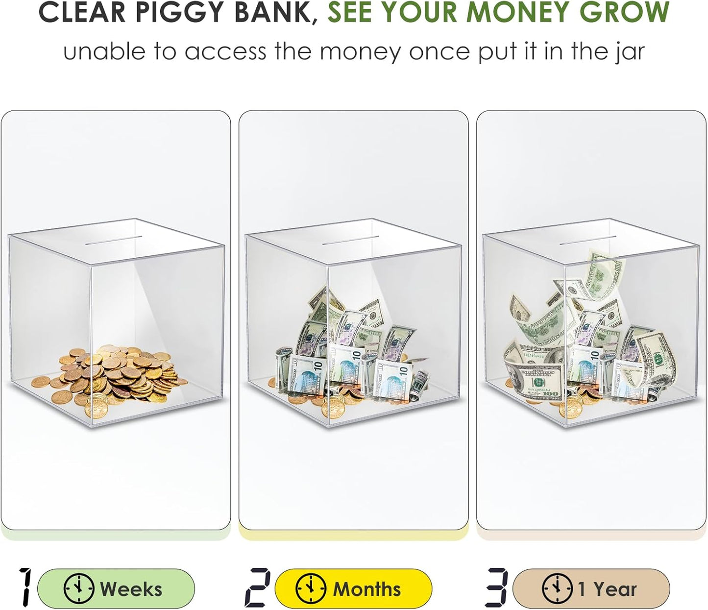 Vcetrcpl Acrylic Clear Piggy Bank - Unbreakable Money Saving Box for Adults | Large 12x12CM Size