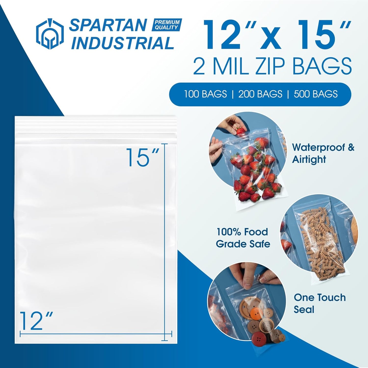 Spartan Industrial - Clear Reclosable Zip Plastic Poly Bags | 12" X 15" | 100 Count, 2 Mil Thickness