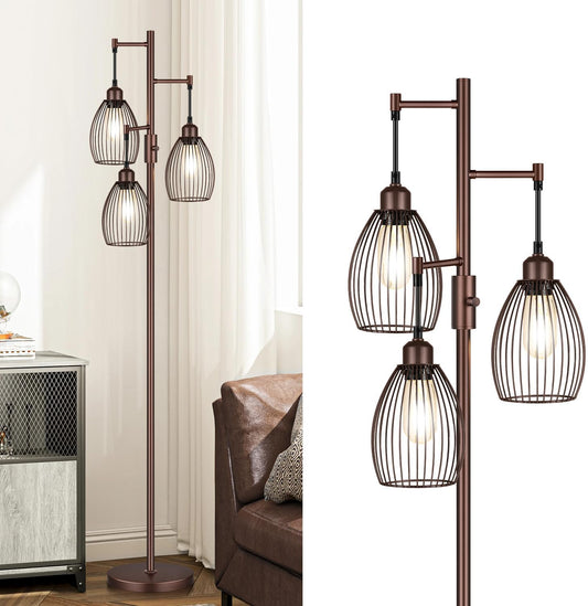 Torondo Dimmable Floor Lamp - Matte Brown Industrial Design with 3 Teardrop Cages & 800 Lumens LED Bulbs