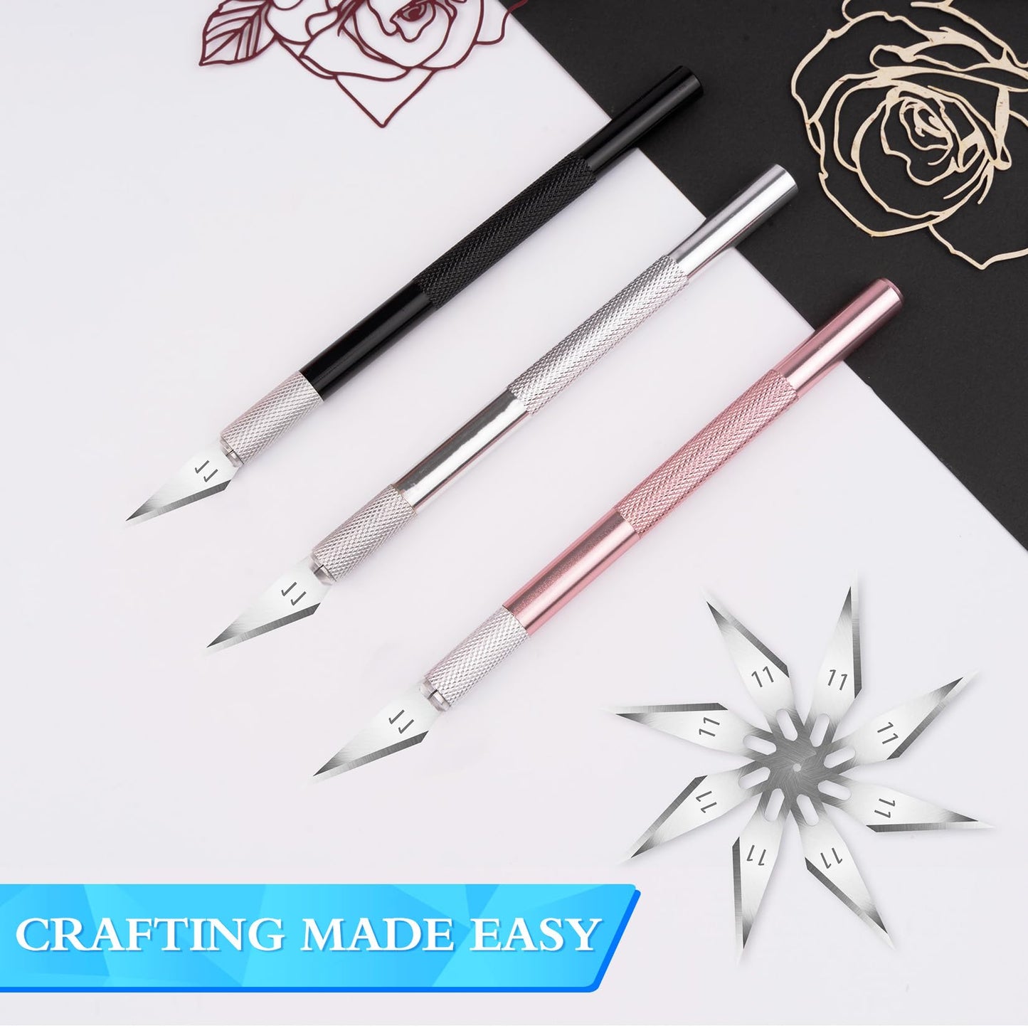 JETMORE Exacto Knife, 3 Exacto Knives with 30 Exacto Blades #11, Exacto Knife Set for Crafting, Craft Knife, Hobby Knife for Scrapbooking, Modeling, Stencil (Black-Silver-Pink)