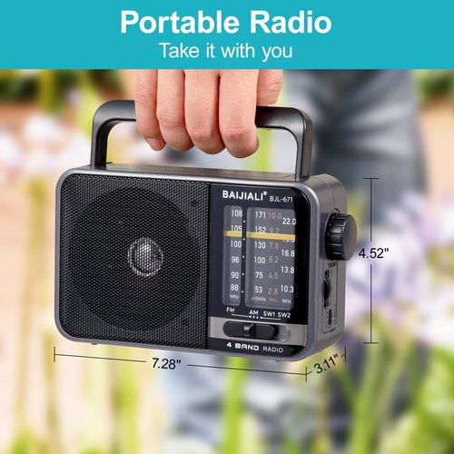 Portable AM/FM Transistor Radio with Loud Speaker, Battery or USB Powered - Compact Emergency Radio for Indoor, Outdoor, Travel & Storms (Model BJL-671)