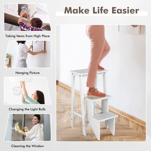 BETTARY 3-Step Folding Wooden Step Stool, Portable Anti-Slip Step Ladder, Foldable Wood Counter Staircase, Multifunctional Flower Shelf & Chair for Kitchen/Garage/Living Room/Library (White)