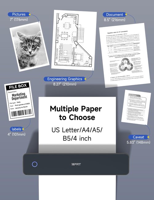 Portable Thermal Printer for Travel - 300DPI Mobile Inkless Printers, Wireless Small Printer for Home Use, Office, Vehicles, Bluetooth Printers Supports 8.5" x 11" US Letter & A4 & A5 Size, Black