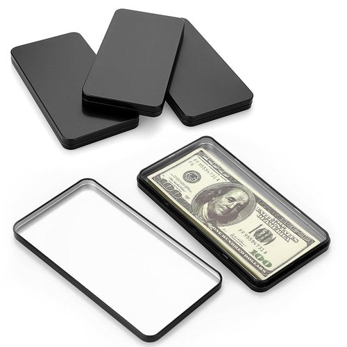 Hipiwe Metal Rectangular Cash Box with Lid - 4 Packs Currency Tray Money Holder Black Metal Empty Box Container Small Dollar Bill Storage Tin Box for Cash Coin Jewelry Stamps Organizer
