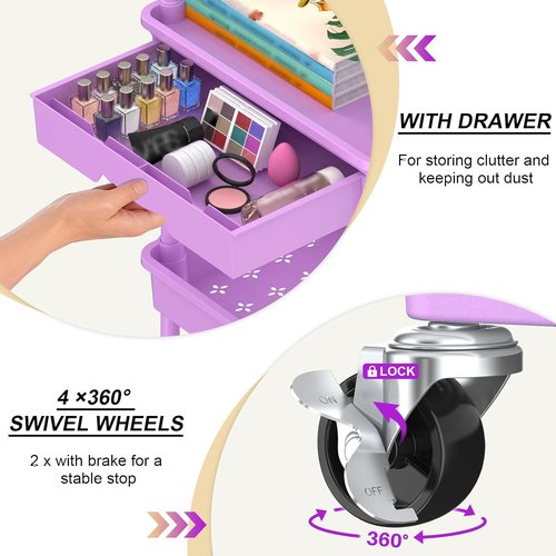 Goovilla 3-Tier Rolling Utility Cart - Sturdy Purple Organizer with Removable Drawer & Lockable Wheels