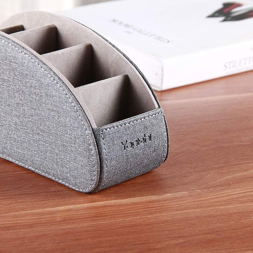 TV Remote Control Holder with 5 Compartments,Pu Leather Remote Caddy/Box/Tray Nightstand Desktop Storage Organizer Store DVD,Blu-Ray,Media Player,Heater Controllers and Makeup Office Supplies Grey
