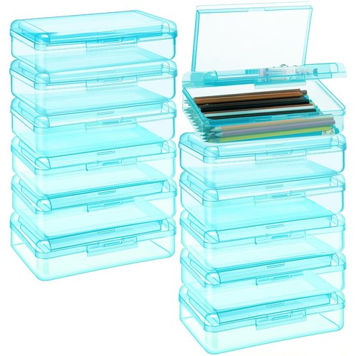 Mooliwe 12 Pcs Clear Double Layer Large Capacity Pencil Box, Plastic Hard Pencil Case with Snap Lid, Crayon Storage Stackable Box for School Classroom Home Office Supplies(Green)