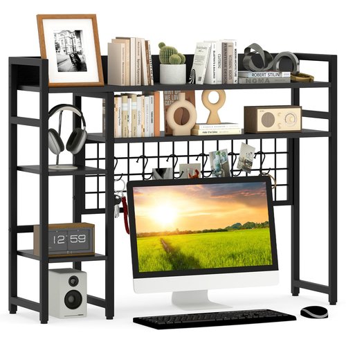 Giantex Desktop Bookshelf, 37" Desk Shelf for Up to 32" Computer Monitors, 4 Tier Desktop Display Shelves with Grid Panel, 6 Movable Hooks, Anti-tip Device, Desk Hutch for Home Office Dorm (Black)