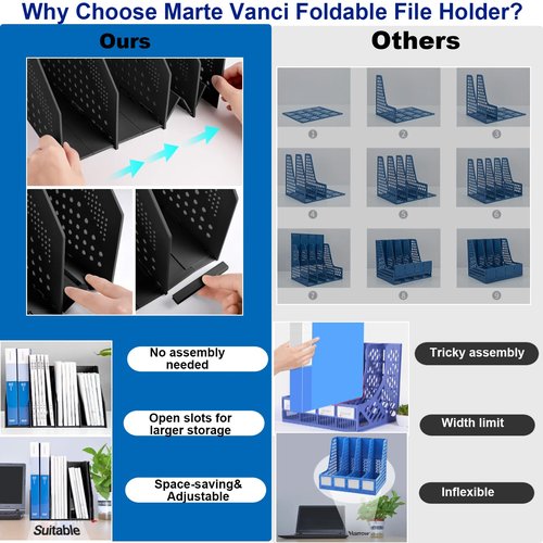Marte Vanci Collapsible Magazine File Holder with 4 Compartment, Desktop Binder Rack, Adjustable Sturdy File Dividers Document Rack Display (Black)