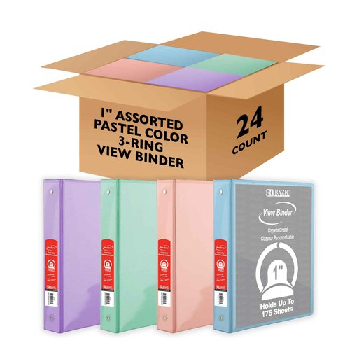 BAZIC Products 3 Ring Binder 1" Economy View Binders Organizer - Pastel Color, Round Ring, Hold 175 Sheets Paper, for School Office Home, 24-Count