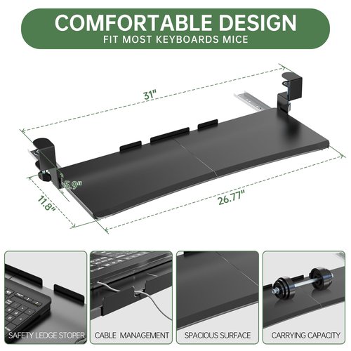 UPGRAVITY Large Keyboard Tray Under Desk - Slide Out with Sturdy C-Clip Mount System, 27 (31.2 Including Clamps) X 11.81 Put-Out Keyboard Tray Computer Drawer for Ergonomic Typing, Black