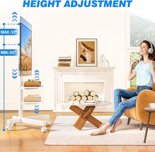 Rfiver Mobile TV Stand - Rolling Floor Stand for 23-60 Inch TVs | Adjustable Shelf & Tilt, White