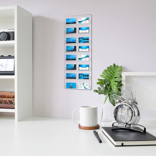 2 Pieces Acrylic Business Card Holder Wall Mount Clear Sticker Display Rack Multiple Clear Acrylic Card Organizer Sticker Display Stand Pre Drilled Index Card Storage (16 Pockets/ 23x 8")