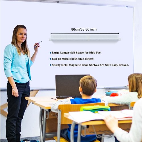 2 Pack White Metal Magnetic Book Shelf for Whiteboard Classroom, 17Inch Floating Book Display Shelves Heavy Duty Magnetic Book Holder Magnet Refrigerator Organizer for Kid Room Office Teacher Storage