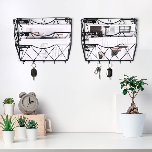 Karsbarwe 3 Tier Wall File Holder Organizer, Hanging File Organizer, Magazine Rack, Wall Mount Paper Folder Holder, with 5 Key Holder Hooks,Metal, Black