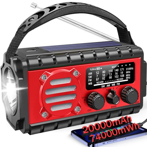 20000mah Emergency Radio, SW/NOAA/AM/FM Weather Radio, Solar Powered Hand Crank Charger with Big Battery Powered, Portable, Cellphone Charge, SOS, Flashlight for Emergency/Home