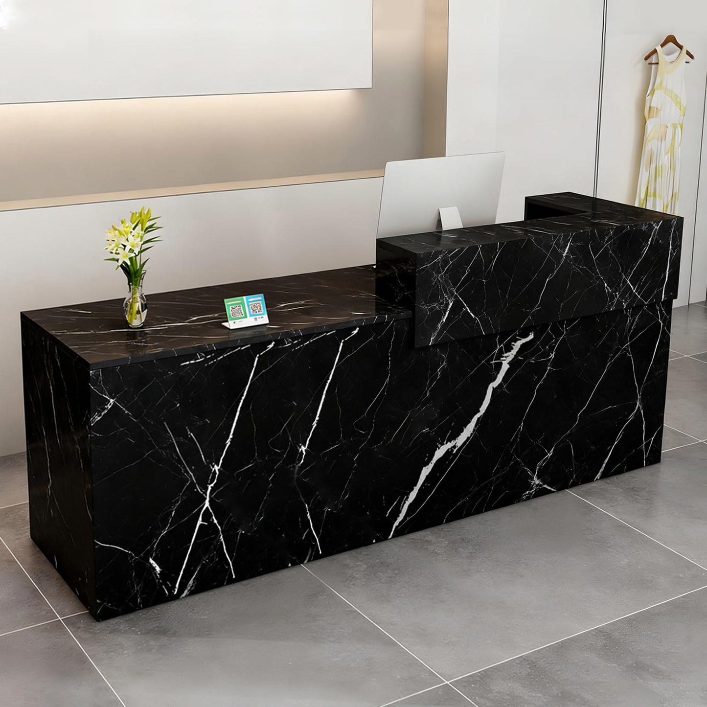 Modern Reception Desk with Drawer & Open Shelves, 39-95 Inch Front Counter Table, Computer Workstation Suitable for Salons, Offices, Lobbies, Retail Stores and Home Offices