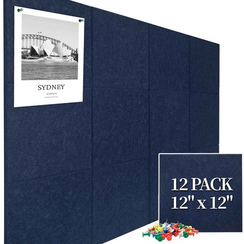 Large Cork Board Felt Wall Tiles, 47"x35" 12 Pack Felt Bulletin Board Pin Board with 48 Safe Removable Adhesive Tabs, 60 Push Pins, Alternative Cork Board for Walls Home Office, Navy Blue