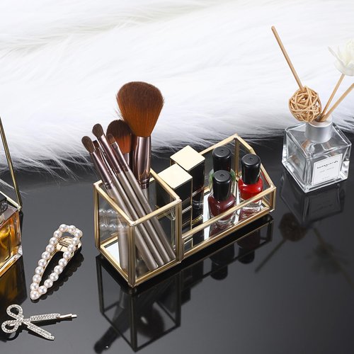 Hipiwe Glass Business Card Holder with Pen Pencil Holder Cup Gold Metal Name Card Display Organizer Desktop Business Card Storage Case for Office Desk, 2 Slots