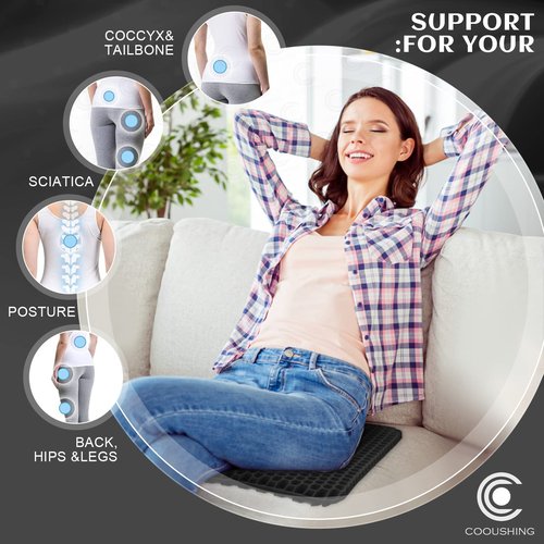 Gel Seat Cushion, for Long Sitting -Double Thick Gel Seat Cushion Breathable Honeycomb Chair Cushion with Non-Slip Cover for Office Chair Car, Wheelchair, Long Trips,Relief Sciatica Pain