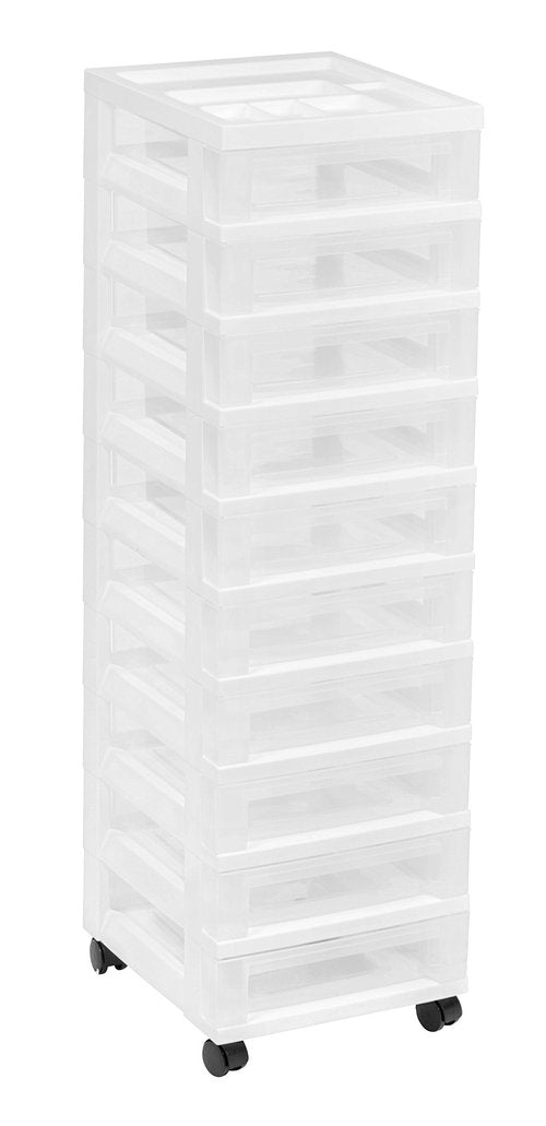 IRIS USA Plastic Drawer Storage Organizer Rolling Cart, with Wheels Casters, 10-Drawers, for Classroom Art Craft Supplies Dresser Closet Bathroom Laundry Room, White/Clear