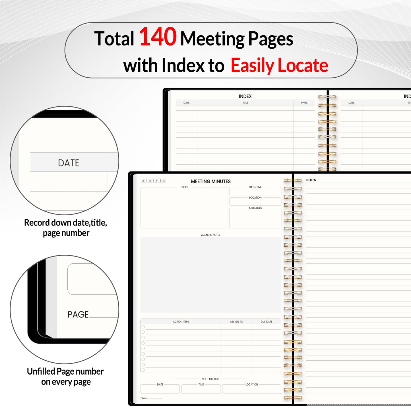 SUNEE Half Meeting Half Note 7"x10" Notebook for Work – 140 Pages, B5 Size Project Planner for Women&Men, Minutes Organizer for Meeting Notes, Ideas for Office/Business, PVC Waterproof Cover, Black