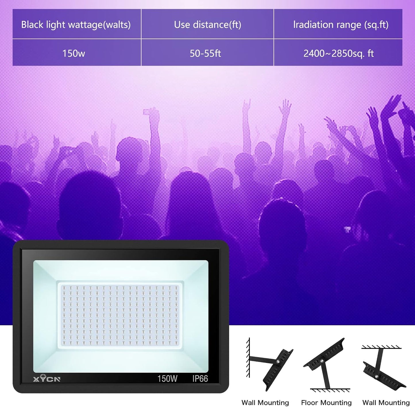 XYCN 150W Black Light Flood Light - Waterproof IP66 for Glow Parties, Halloween & Neon Decor