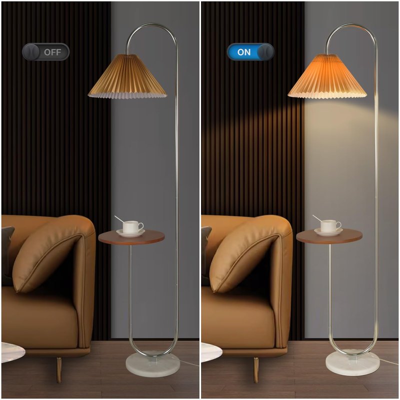 beaysyty Modern Elegant with Tray Floor Lamp for Office Cafe Den Living Room Bedroom, Foot Switch and Chrome Finish, Orange Pleated Cloth Lampshade