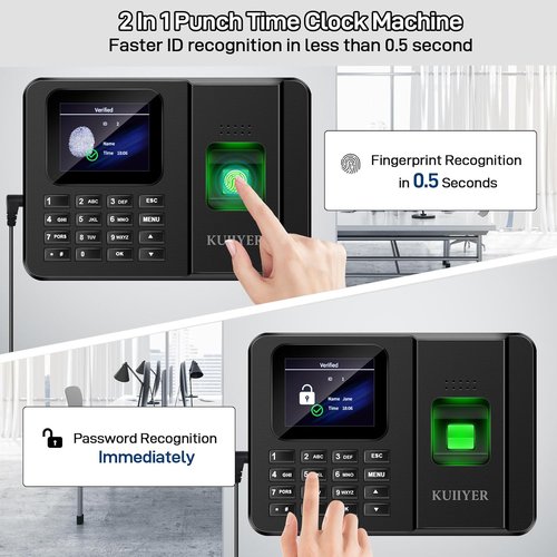 KUIIYER Employee Time Clock - 2-in-1 Fingerprint & Password Attendance System | Compact Design