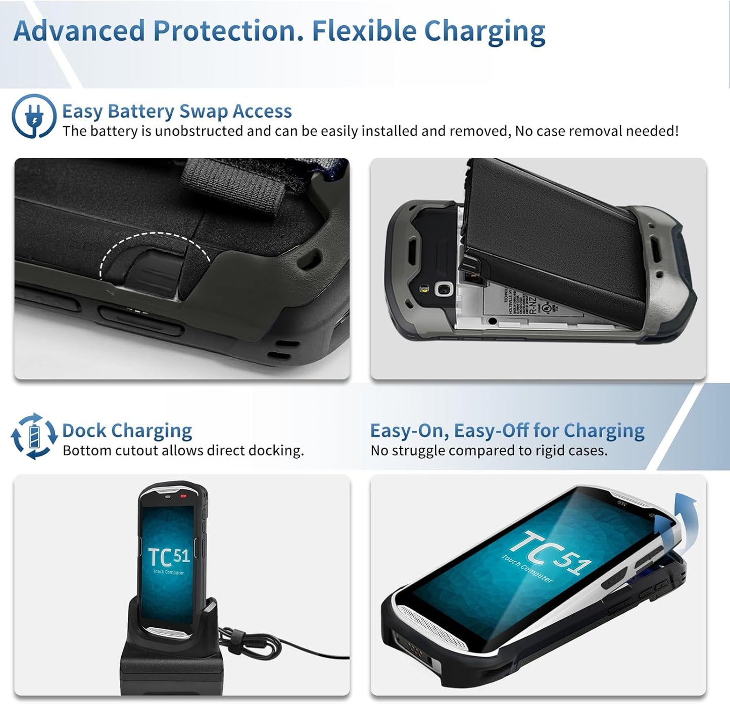 Zebra Protective Case Cover - Rugged Boot with Hand Strap & Tempered Glass for TC51/TC52/TC56/TC57 (Black)