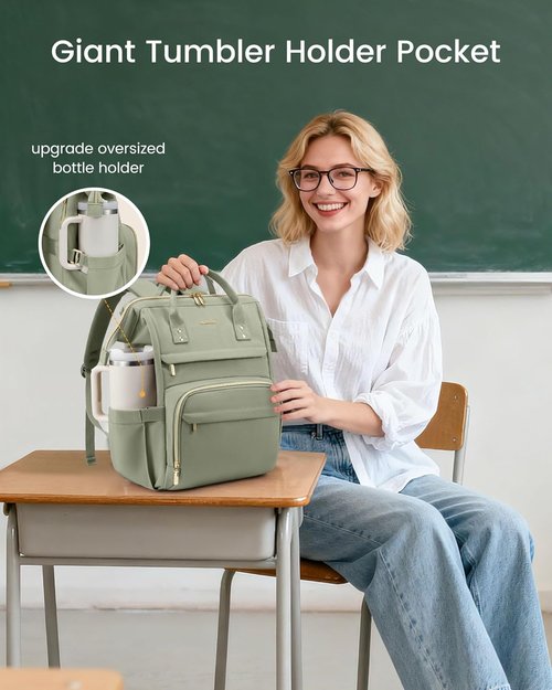 LOVEVOOK Laptop Backpack - Waterproof 17-Inch Travel Bag with Tumbler Holder | Bean Green