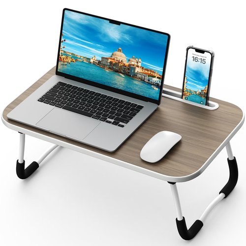Foldable Lap Desk with Tablet Slot, Portable Laptop Desk for Bed, Lightweight Bed Desk for Working Writing Drawing Eating on Couch Floor, Brown (20.8"×11.8")
