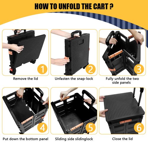 SELORSS Foldable Utility Cart Portable Rolling Crate Handcart Shopping Trolley Collapsible Tool Box with Rotate Wheels Durable Duty Plastic Telescoping Handle Lid for Travel Move Office School(Black)