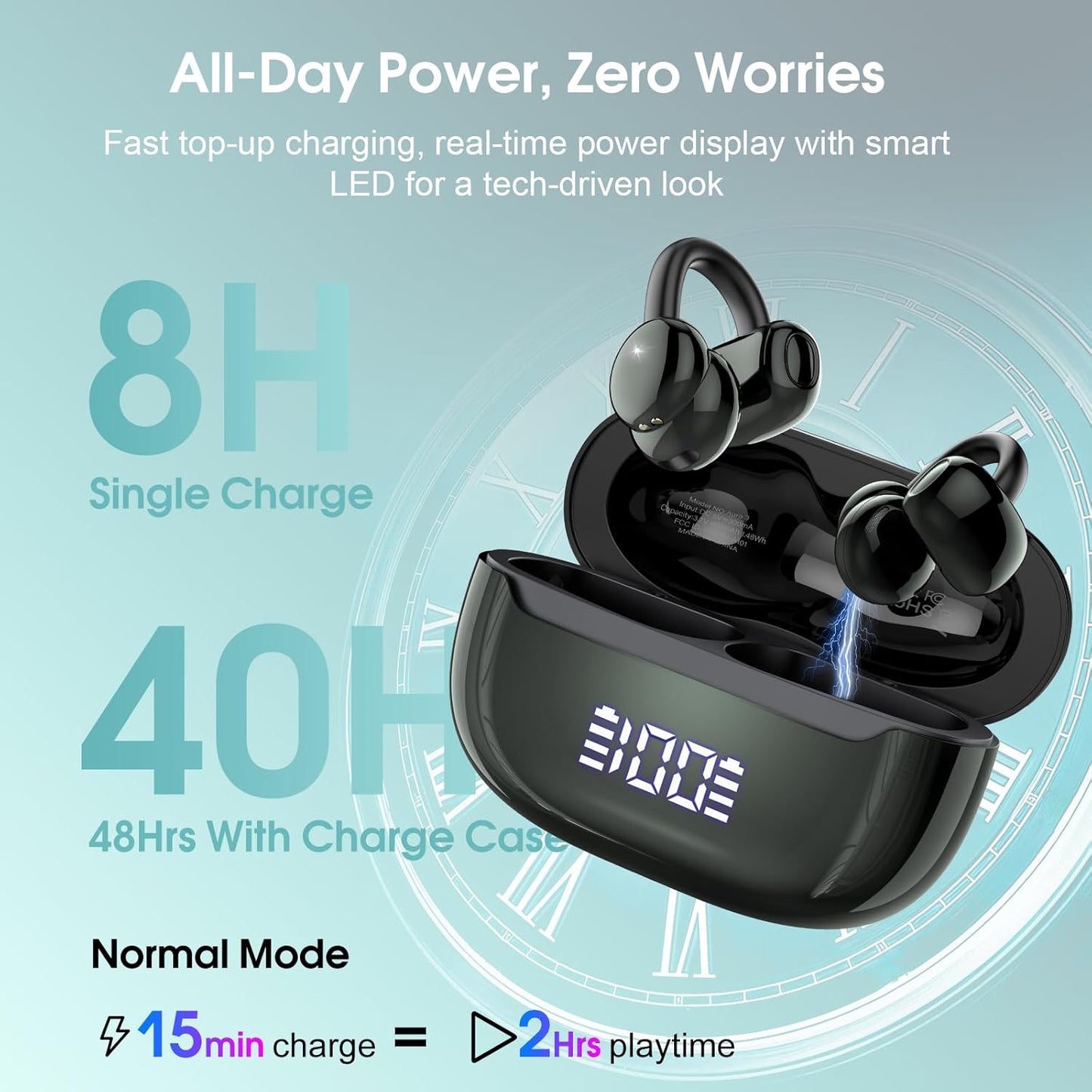 Skiennix Wireless Earbuds - Open Ear Bluetooth 5.4 Headphones with DNN Noise Cancelling, 48H Playtime, Secure Fit | Black