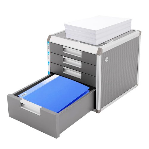 File Storage Cabinet with Lockable Drawers & 4 Compartments - 12.4" Desktop Document Organizer for Office Home, Aluminum Frame, Security Lock, Space-Saving Design