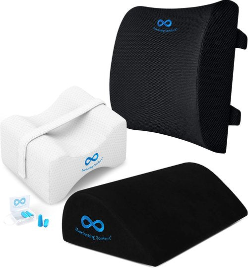 Everlasting Comfort Lumbar Cushion, Knee Pillow, and Foot Rest Bundle - Enhance Sleep and Office Comfort - Relieve Back Pain, Hip Pain, Knee, Foot and Leg Pain