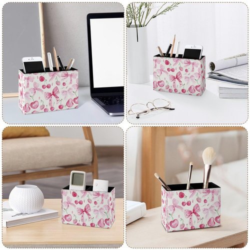 Famame Cute Bows Pink Cherry Pencil Holder for Desk, Leather Desktop Container Pen Cup Storage Study Table Pen Organizer Makeup Brush Holder for Classroom Office Home