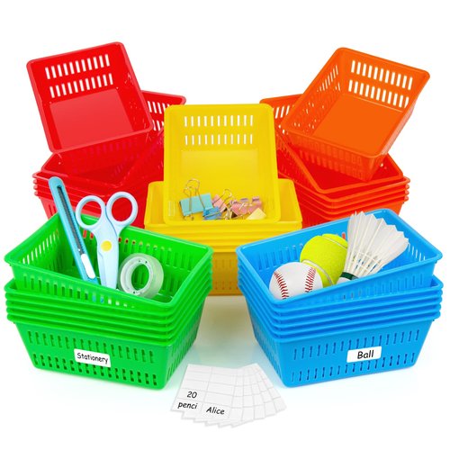 IKAYAS 30 Pack Colorful Small Plastic Classroom Storage Baskets, 6.1"L x 4.7"W x 2.4"H, Desk Organizer, Home, Office