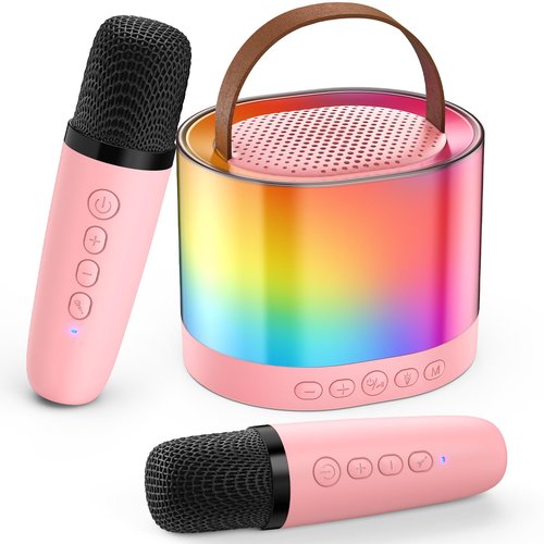 Mini Karaoke Machine for Adults Kids, Portable Bluetooth Karaoke Speaker with 3.5" Full-Range Speaker and Colorful LED Lights, Support USB/TF Card/AUX (Pink-2Mic)