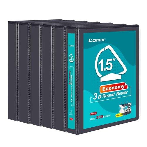 COMIX 3 Ring Binder,1.5 inch Slant-D Clear View Cover with Pockets, Holds 350 Sheets of US Letter Size Paper, Black Binder for School Office and Home, 6 Pack