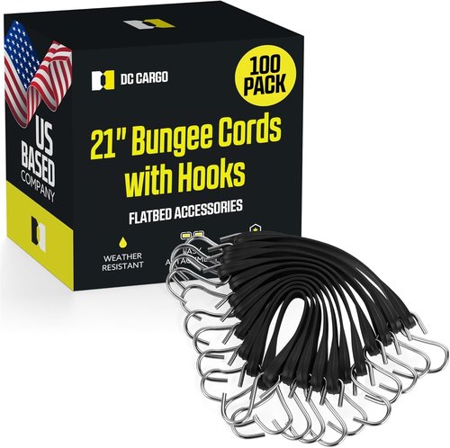 Pack of 50 Tarp Straps - 21" Long Natural Rubber Bungee Cord Tie-Downs for Secure Cargo | Metal S-Hooks Included