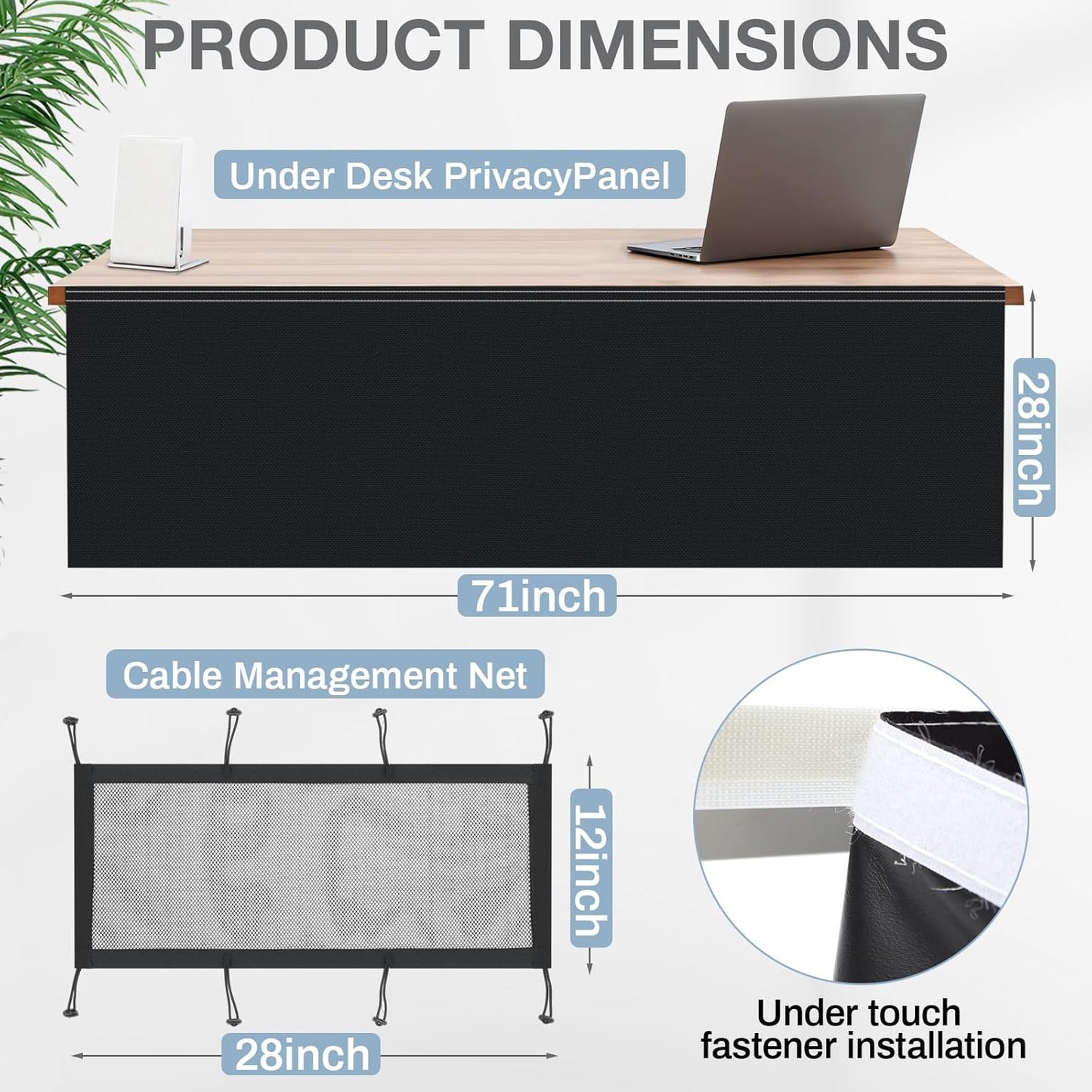 Tegeme 71'' Under Desk Privacy Panel - Self-Adhesive Modesty Panel with Cable Management | Black