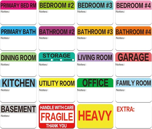 Regine Switzerland 600 Count Large Home Moving Packing Box Labels - Color Coded & Writable Notes Areas for 3-4 Bedroom House