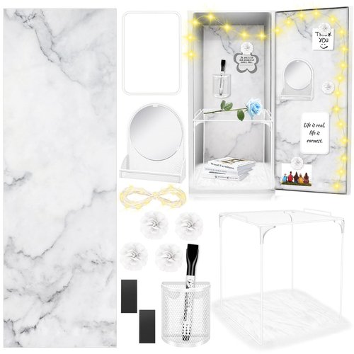 Gosodeny 17 Pcs White Locker Organizer Kit, Includes Classic Marble Locker Magnetic Wallpaper, Locker Shelf, Magnetic Mirror and Organizing Supplies First Day of School Essentials with Locker