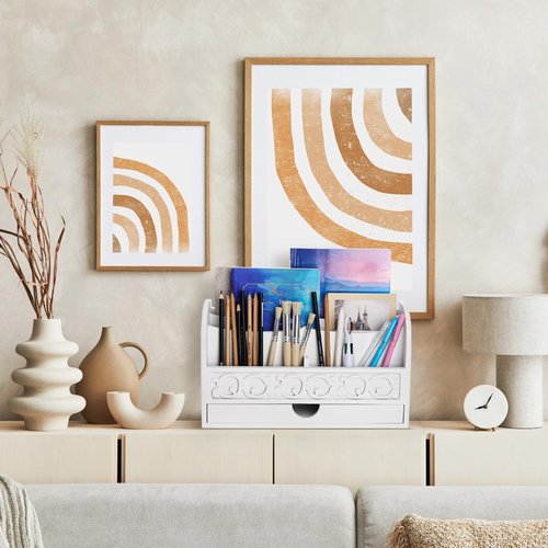 Goaste White Desktop Organizer with Drawer, Wooden Mail Storage Box, 4 Compartment Mail Sorter Organizer, Rustic File Bill Holder, Farmhouse Letter Paper Storage Basket for Home Office Supplies