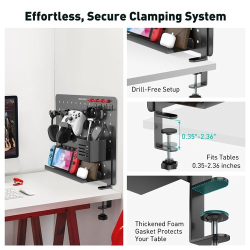 DeskLogics Clamp-on Desk Pegboard, Steel Desktop Organizer Magnetic Metal Peg Board for Gaming & Office, Standing Desk Accessories, No-Drill (Black)