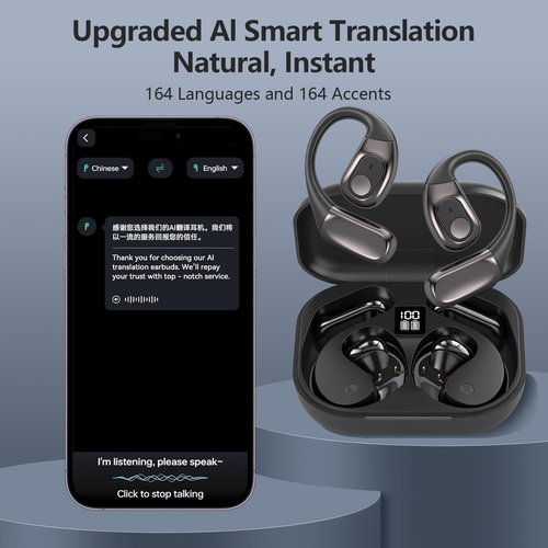 AI Translation Earbuds Real Time, 3-in-1 Translator Earbuds 164 Languages & Accents, Audifonos Traductores Inglés Español,Open Ear Wireless Headphones with Charging Case fit iOS & Android Black