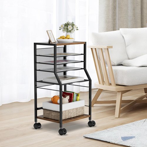 BOHDK Rolling File Cart, 6-Tier Under Desk Organizer on Lockable Wheels, Brown Wood Planks & Mesh File Cart with Hanging File Folders Rack and Paper Trays for Office Home, 14.7" L x 11.8" D x 27.5" H