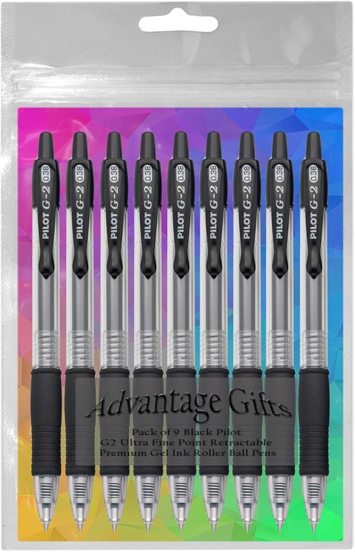 G2 Premium Gel Ink Roller Ball Pens - Ultra Fine Point (.38mm) Black Ink | 9-Pack with Refillable Comfort Grip Pouch