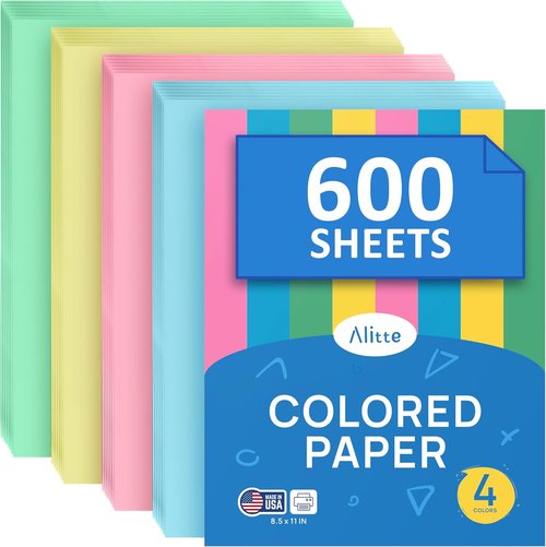 Alitte Colored Copy Paper - 600-Pack Letter Size for Printer & Crafts | 150 Sheets Each in Pink, Green, Blue, Yellow